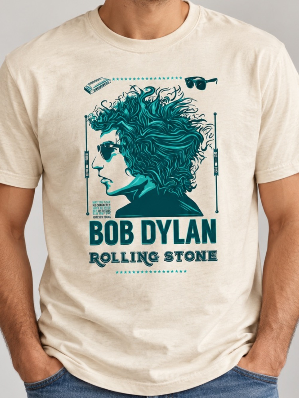 Bob Dylan Rolling Stone Forever Young Rock Legend Vintage White T-Shirt